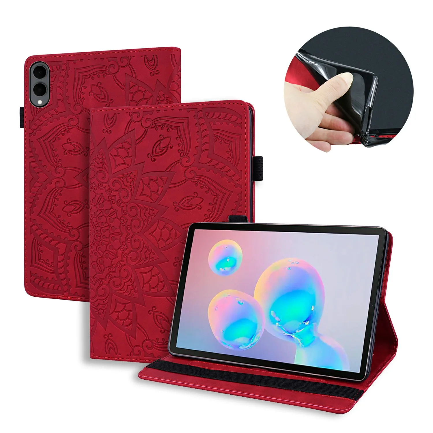 For Samsung Galaxy Tab S12+ Tablet Case Card Slots Leather Cover Flower Pattern - Red
