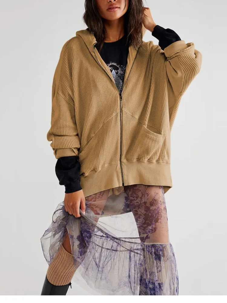 Herbst Und Winter Waffel Strickjacke Zipper Straße Mit Kapuze Sweatshirt frauen Faul Stil Lose Einfarbig Lange-ärmeln Jacke tops
