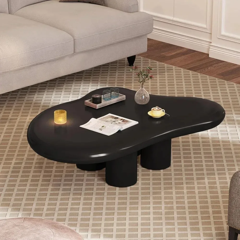 

Glossy Black Coffee Table, 39" Round Edge Cloud Coffee Table with 4 Short Legs, Irregular Black End Table for Small Space