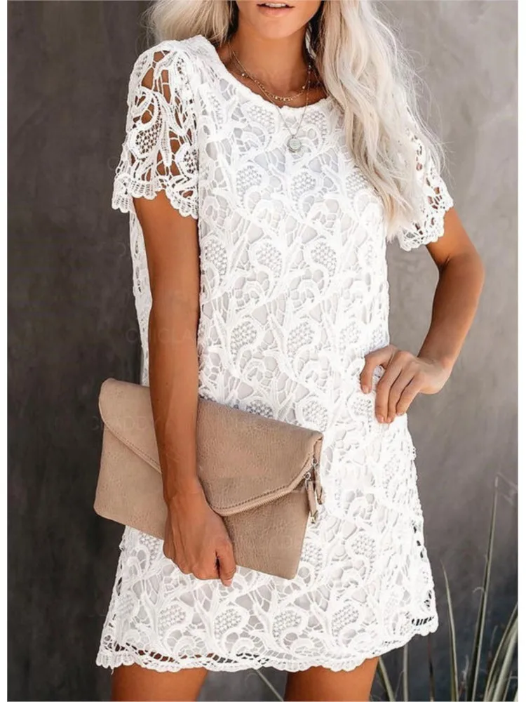 

Summer New Dresses Leisure Fashion Elegant Short Sleeve O-Neck Women Dress Lace Straight Knee Dress Women Office Lady Clothing