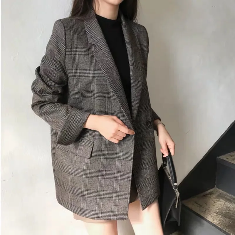 

Women Winter Plaid Blazers Coats Korean Fashion Elegant Solid Thick Jacket Female Double Breasted Office Lady Long Overcoat