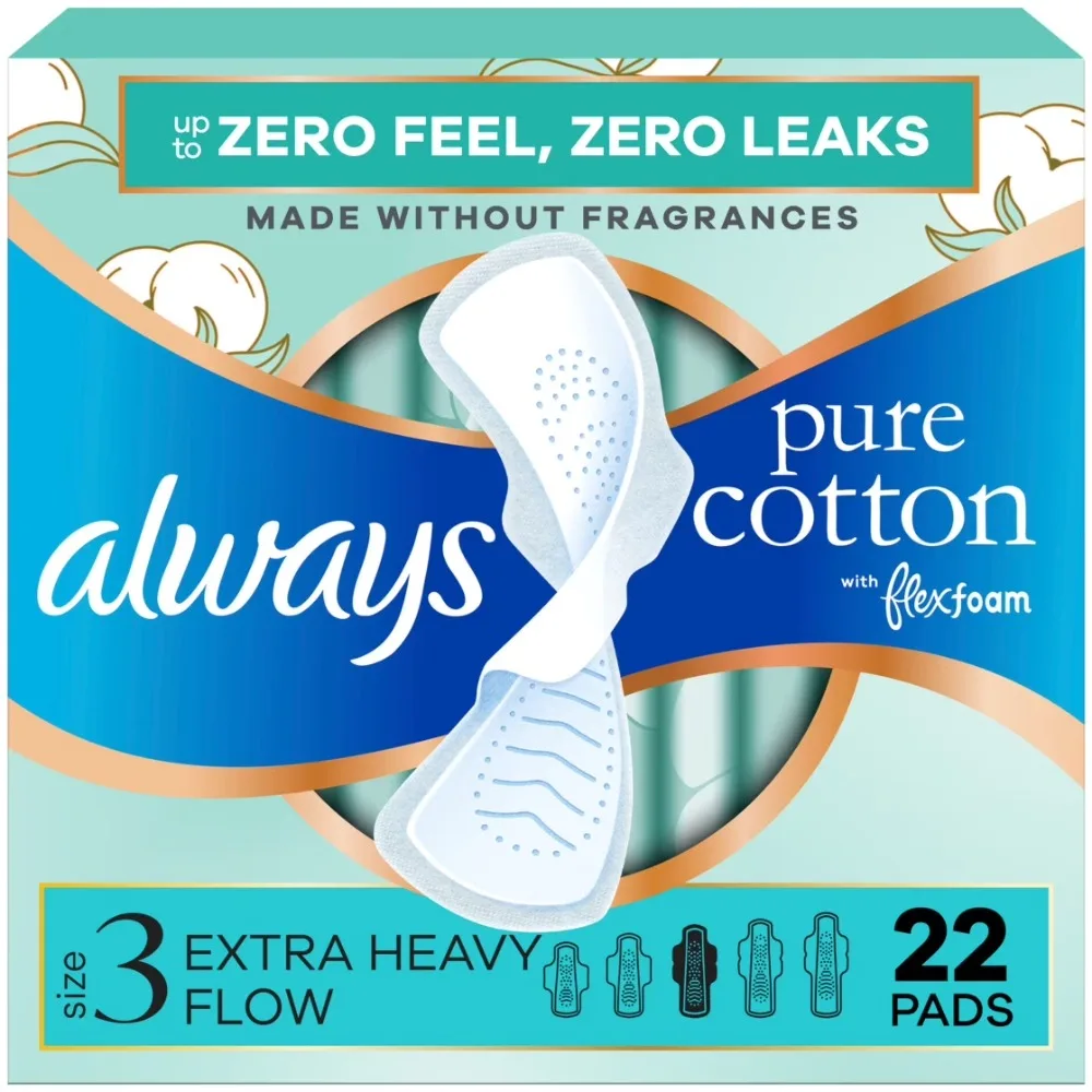 

Extra Heavy Absorbency Pure Cotton Pads with FlexFoam Technology for Maximum Comfort and Leak Protection, Overnight Sanitary Pads with Wings for Secure Fit, Unscented Hypoallergenic Menstrual Pads, 22 Count Pack for
