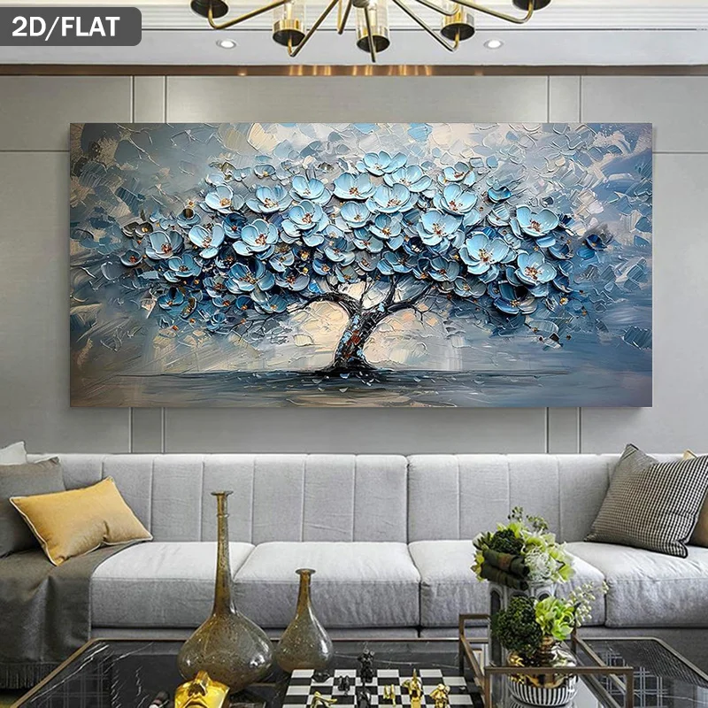 2D/Flat Frameless Abstract Blue Flowers Landscape Canvas Wall Art - Modern Elegant Prints for Living Room and Bedroom Wall Decor