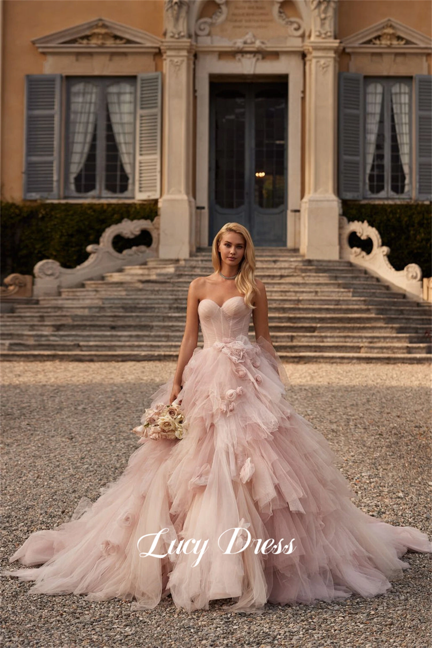 Lucy-Vestidos De Noche De malla esponjosa para mujer, decoración De flores, fiesta De boda, vestidos De graduación, 2024