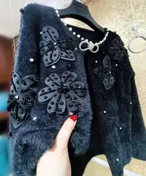 Luxury Style Flower Beaded Stitch Knitwear Faux Fur Open Stitch Cardigan Coat For Women 's Autumn Spring Outwear Sweater Jacket