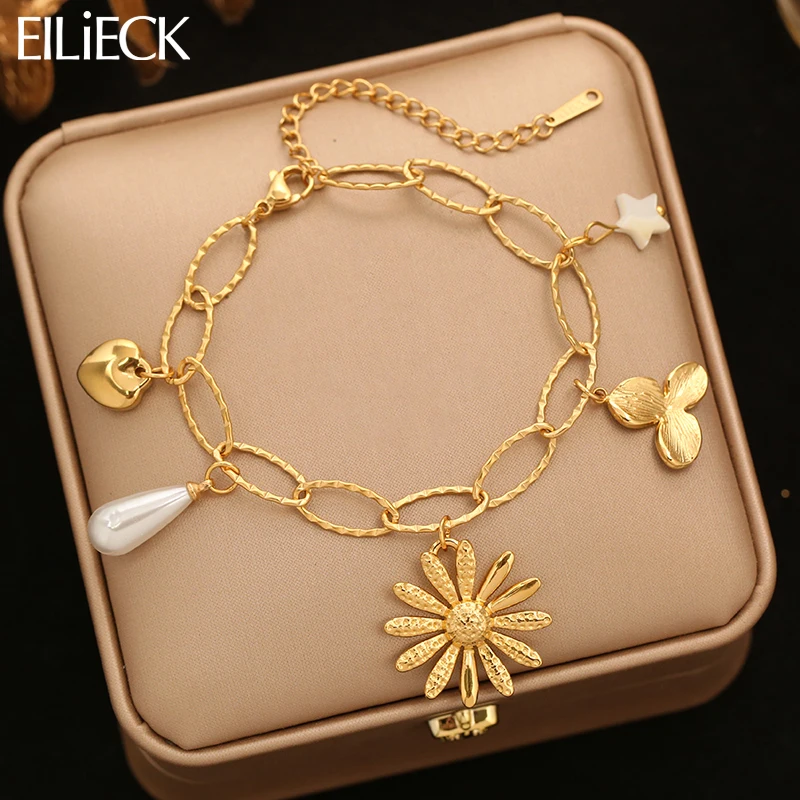 EILIECK Rostfreies 18k Vergoldetes Blumen-Perlen-Charm-Armband, Modisches Fischgrätmuster-Edelstahl-Armband, Schmuckgeschenk