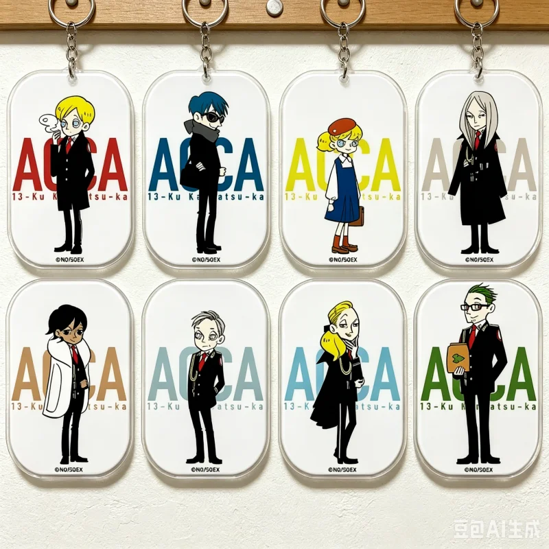 Anime ACCA: Departamento de Inspección de 13 Territorios, llaveros de acrílico de 6 cm con personajes de Grossular Lilium, Jean Otus y Nino, accesorios para bolsos, mercancía de personajes.