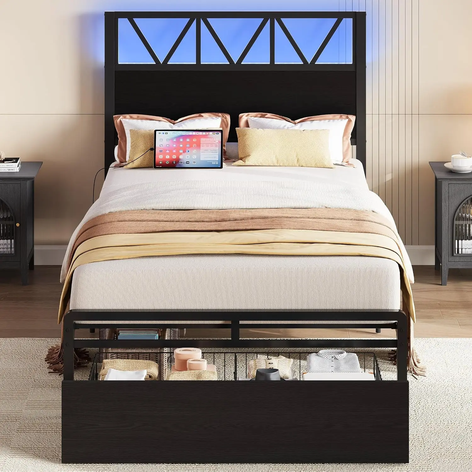Twin XL Bed Frames with Storage Drawer, Charging Station and LED Lights, Twin XL Bed Frame with Headboard, No Box, Customized