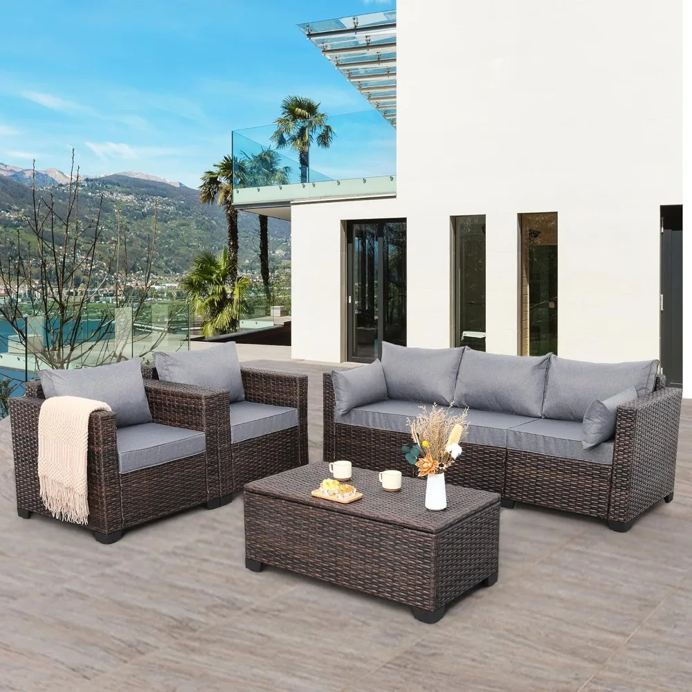 Patio Rattan Furniture Set 4-Piece Outdoor PE Wicker Conversation Couch, Brown Sectional Sofa Couch with Storage Coffee Table