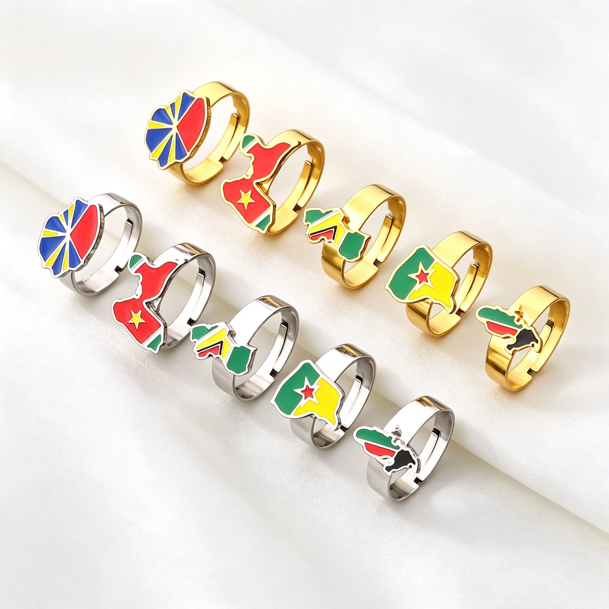 Adjustable Open Rings Reunion Guadeloupe Guyana Martinique Map Flag Enamel Finger Rings Patriotic Jewelry Gifts for Women Men