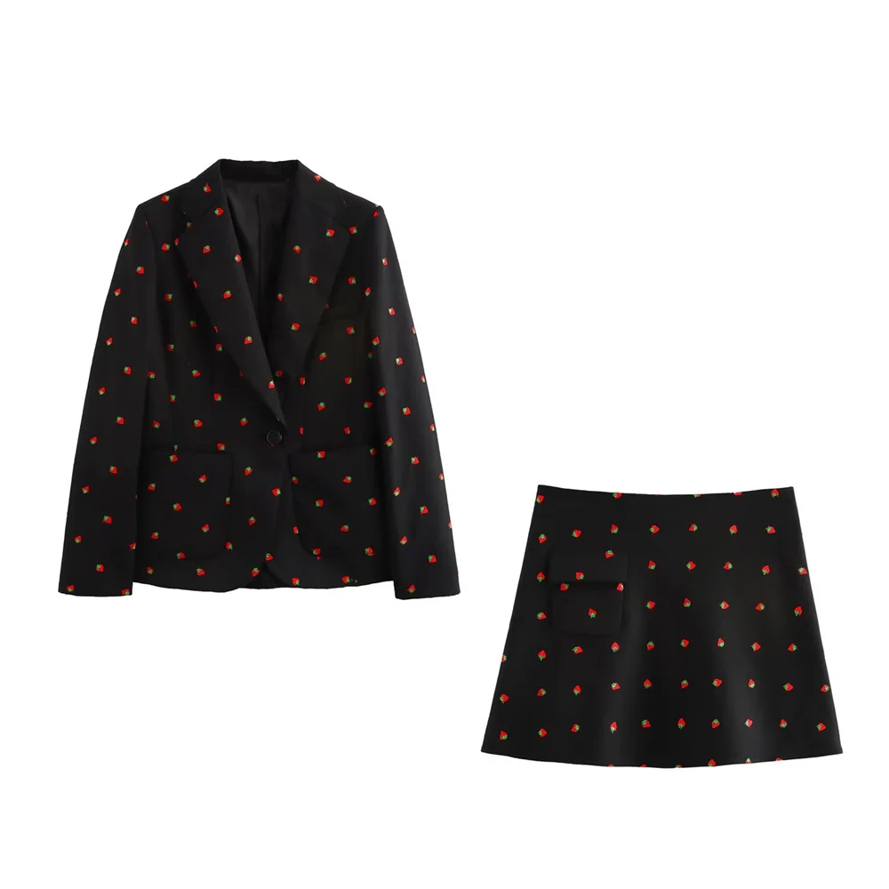 Zach Ailsa Herbst/Winter Neue Kollektion Damen Retro Erdbeere bestickter Anzugmantel Hohe Taille Minirock Modeset