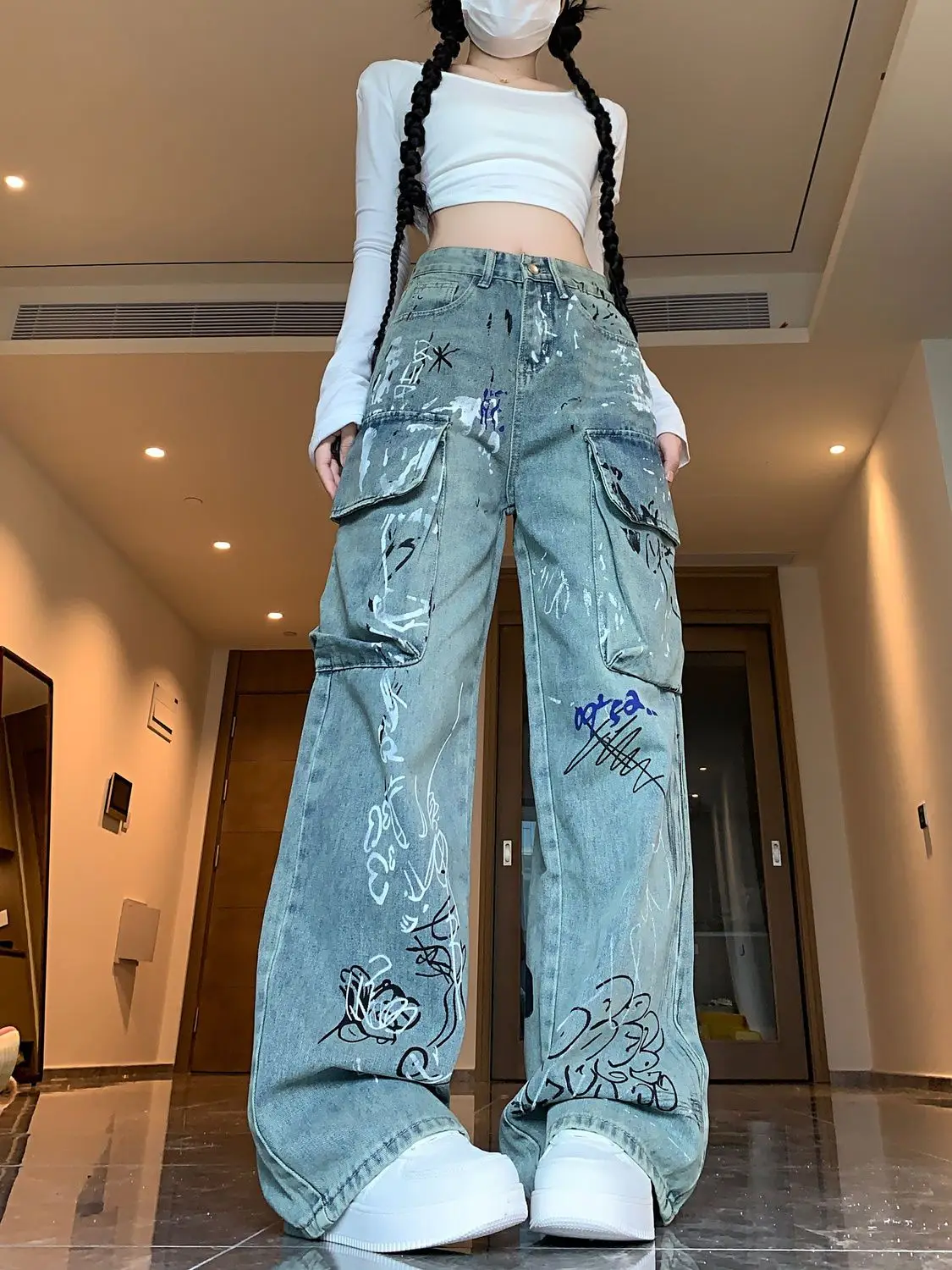 

Onalippa American Retro Graffiti Jeans Women High Street Vibe Style Design Loose Straight Leg Wide Leg Multi Pocket Work Pants