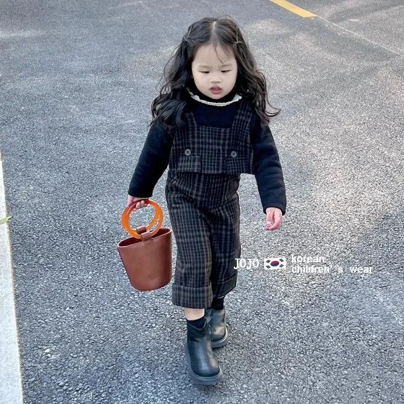 

2022 Girls Sets Vest Square Collar Sleeveless Pullover Pants Elastic Waist Ankle Length Plaid Soft Cool Autumn Children