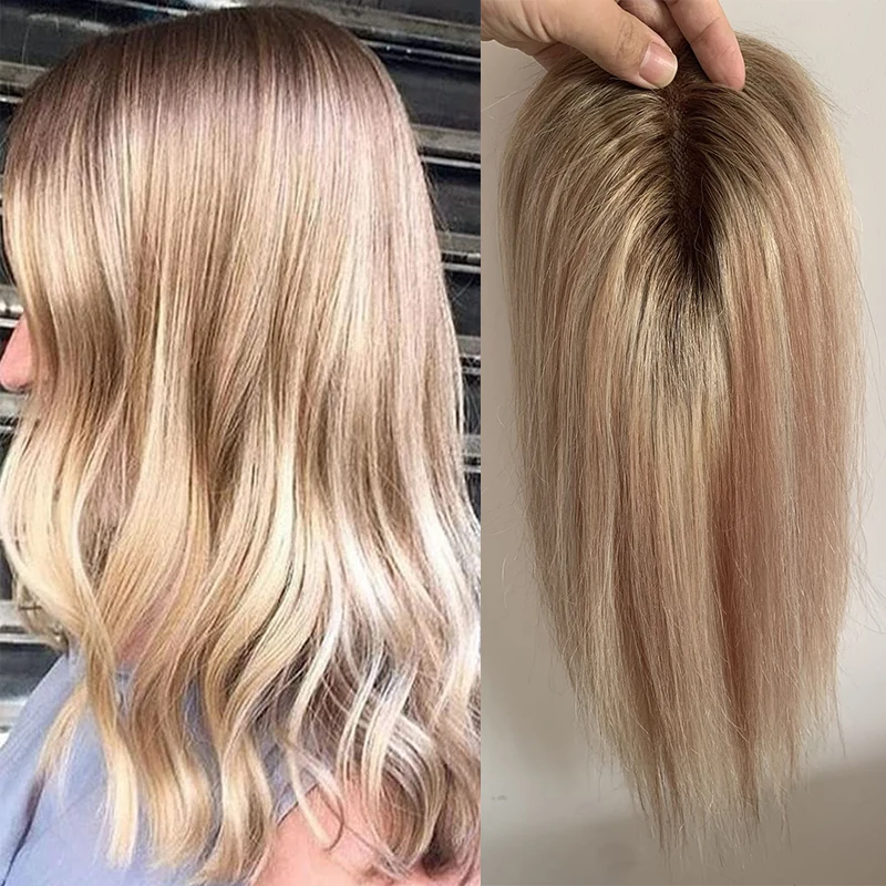 Perruque Remy Naturelle Lisse en Mono PU pour Femme Postiche de Cheveux Humains, Brun, Blond, Ombré