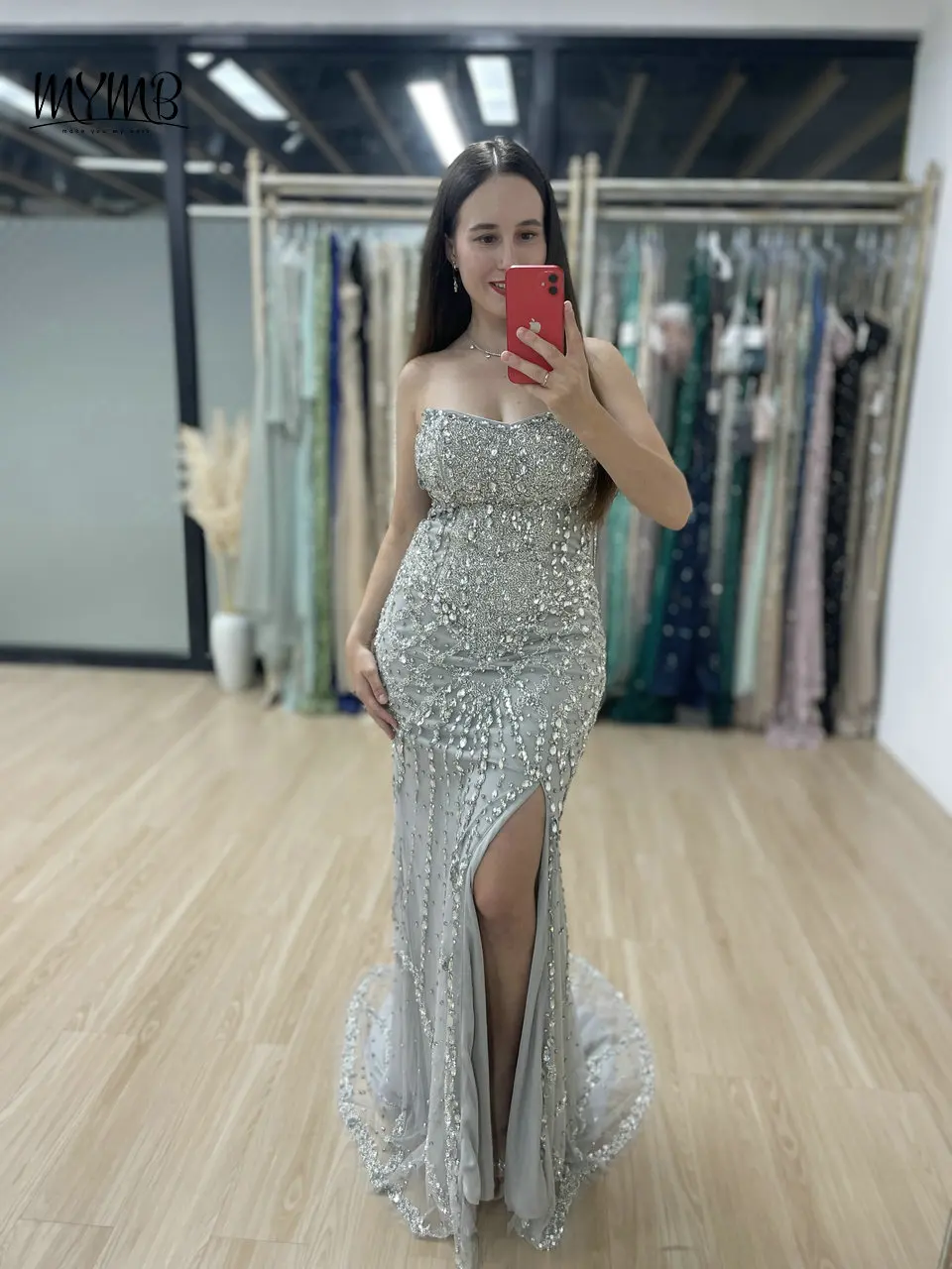 MYMB Sexy High Split Mermaid Grey Girls Evening Formal Dresses Stunning Transparent Spaghetti Straps Open Back Prom Party Gowns