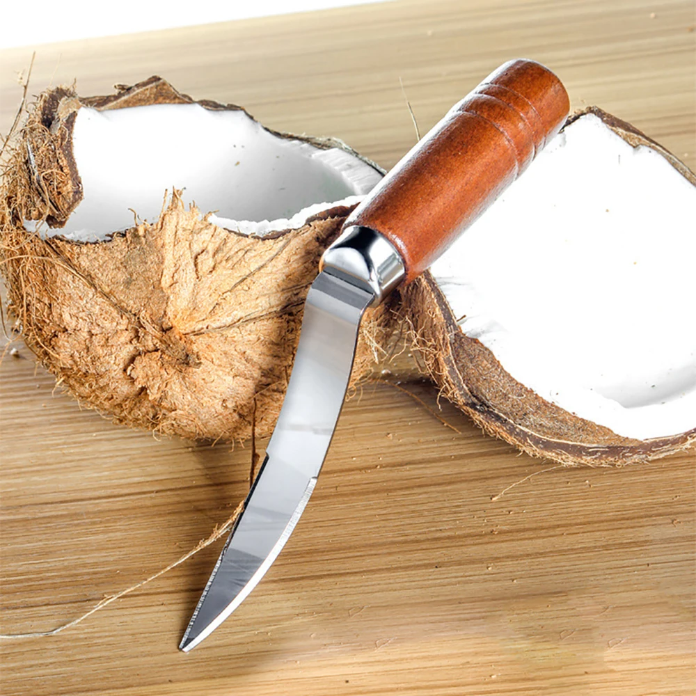 Stainless Steel Coconut Opener, Fruit Opener, Double Ended Cutter with Wooden Handle, Coconut Shell Knife, Kitchen Gadget