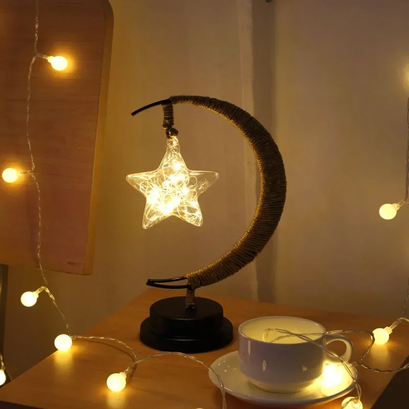 New Star Moon Lamp Apple Vine Ball Creative Desk Lamp Hemp Rope Iron Art Decoration Romantic Atmosphere Nightlight