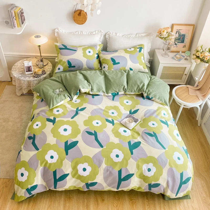 Green Flowers Duvet Cover 100% Cotton Floral Duvet Covers 3 Pcs Sage Blossom Comforter Cover Garden Cute Botanical Bedding Sets