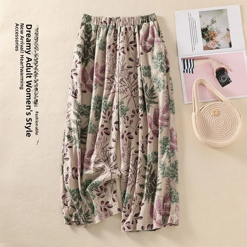 Women's Summer Comfortable Loose Waist Printed Cotton Linen Wide Leg Pants Thin Model Casual Eighteen Pants Floral Pattern
