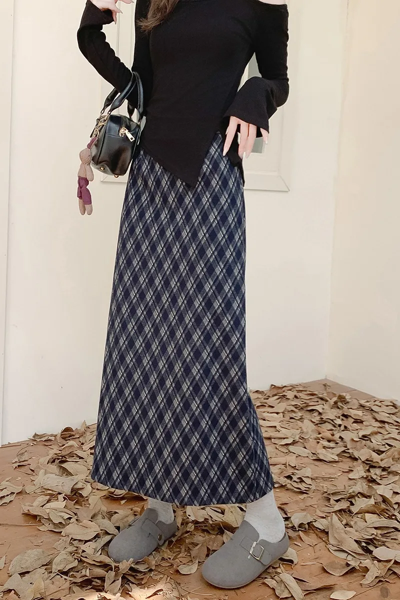 موضة جديدة منقوشة ميدي تنورة للنساء الخريف الشتاء المتخصصة تصميم البريد مستقيم تنورة عادية مكتب سيدة التنانير الطويلة