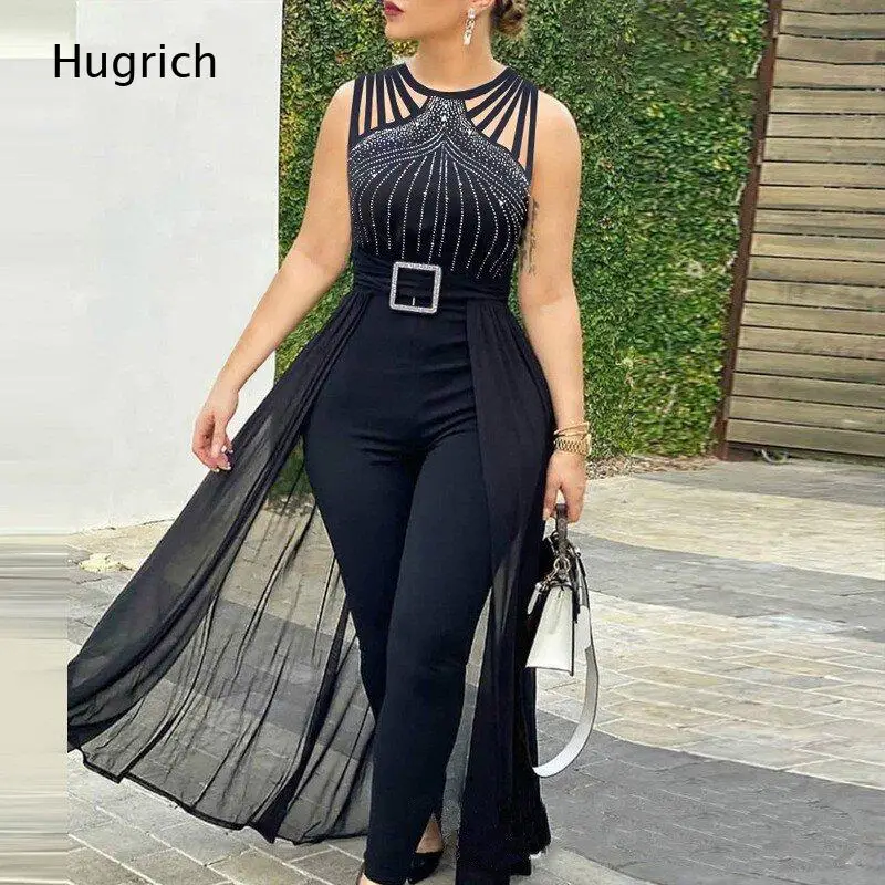 Women Cutout Sleeveless Rhinestone Jumpsuit With Mesh Overlay Belted Formal Party Outfit