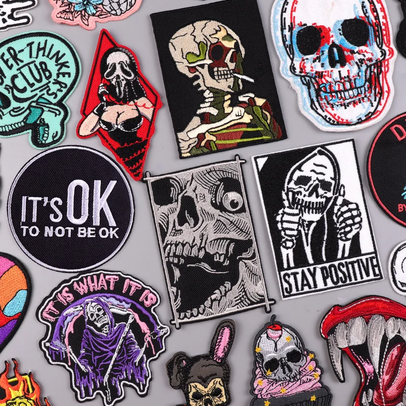 Horror Skull Embroidery Patch Iron On Patches For Clothing thermoadhesive Patches On Clothes Punk Ironing Stickers Patches DIY