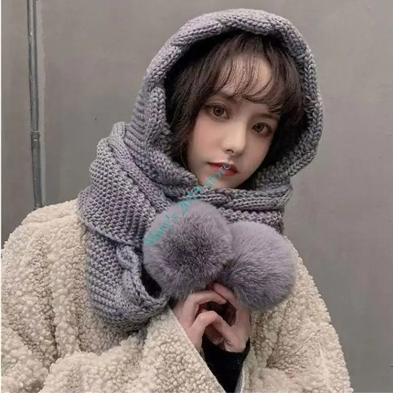 Mũ khăn mùa đông E15F có vành ấm áp và quả cầu trang trí dành cho nữ