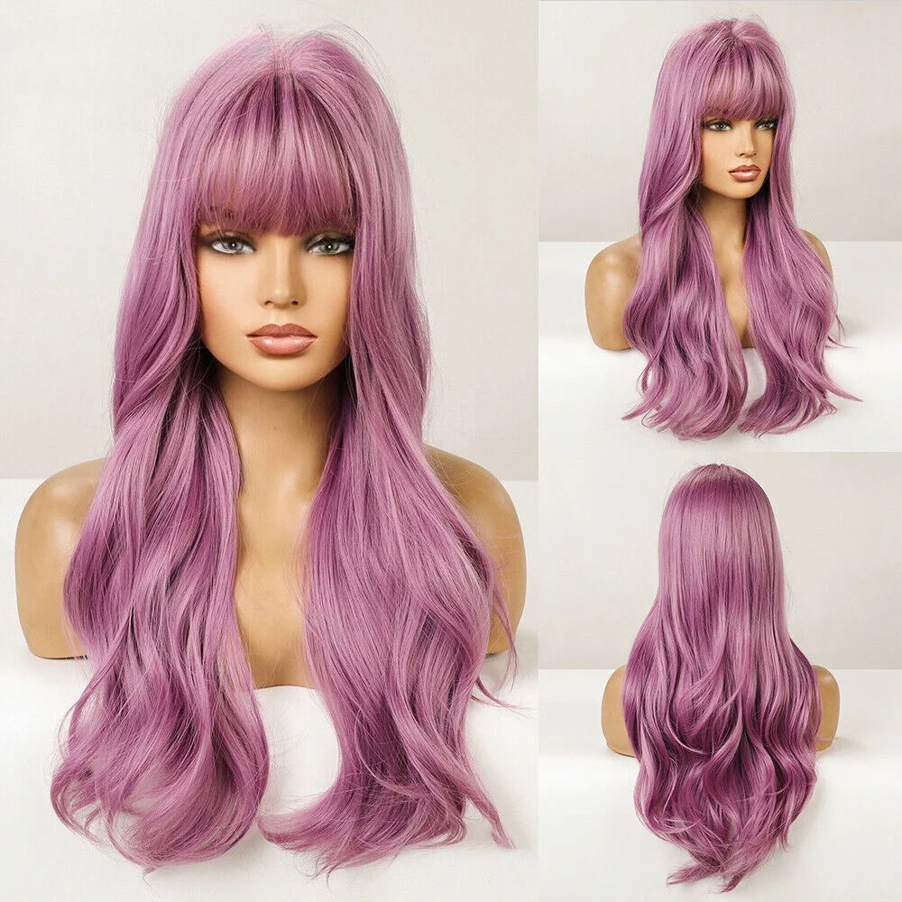 

Long Wavy Pink Purple Synthetic Wigs with Bangs for Women Cosplay Party