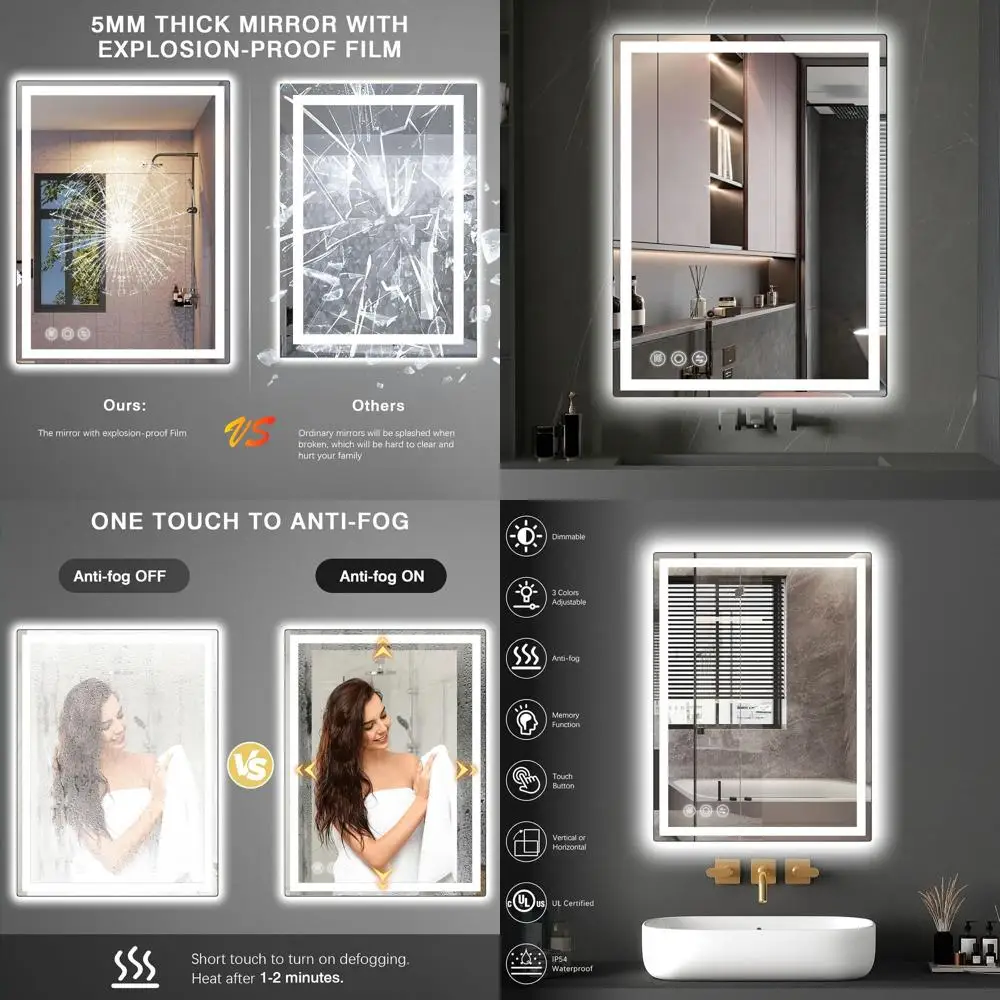 

Illuminated Backlit Vanity Mirror, 20x28 Anti-Fog with 3 Color Temperature & Dimmable Memory Glass Bathroom Mirror