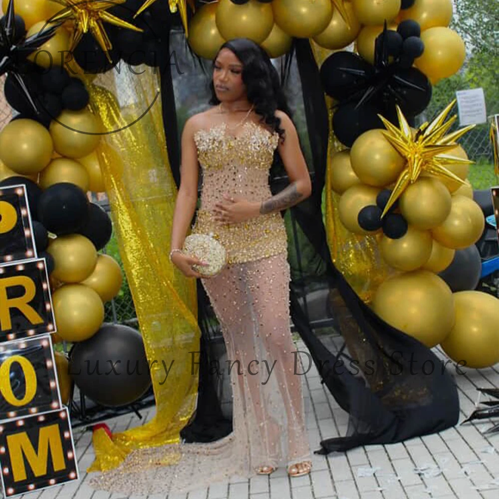 高級グリッターラインストーンウエディングドレス女の子のためのイリュージョンマーメイドイブニングパーティードレスカスタマイズされたダイヤモンドvestidos largosフィエスタ