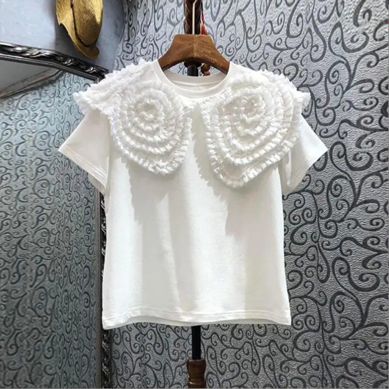 

Pan Flower Pleated Design T-Shirt Women 2022 Summer O Neck Short Sleeve Tops Korean Femme T Shirts Camisetas De Mujer w221