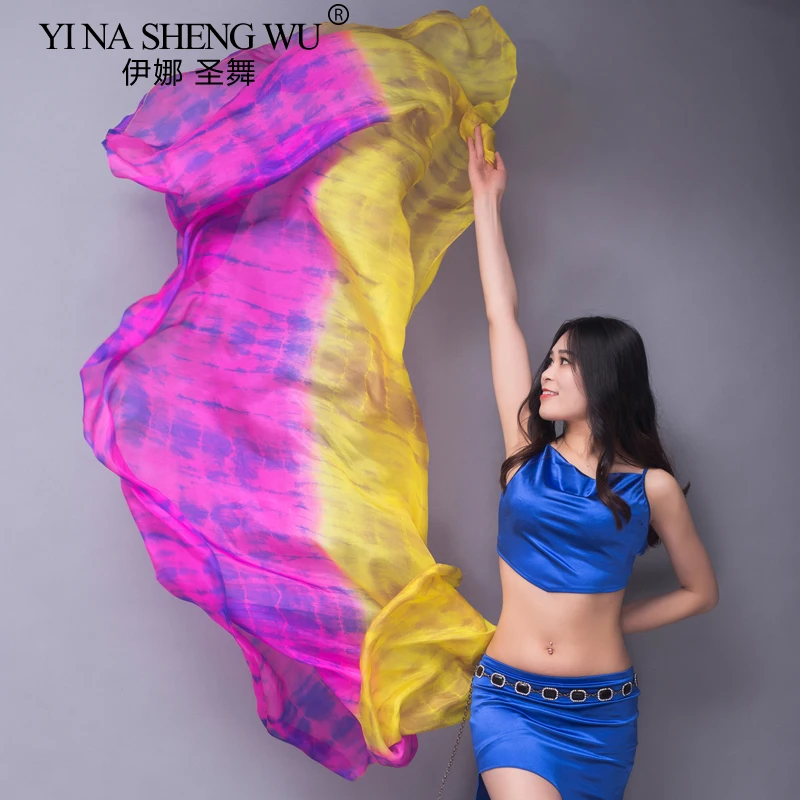 

Индивидуальная шелковая вуаль для танца живота для танцовщицы, градиентный шарф для рук 250x114 см, струящийся реквизит из натурального шелка, разноцветная вуаль тай-дай