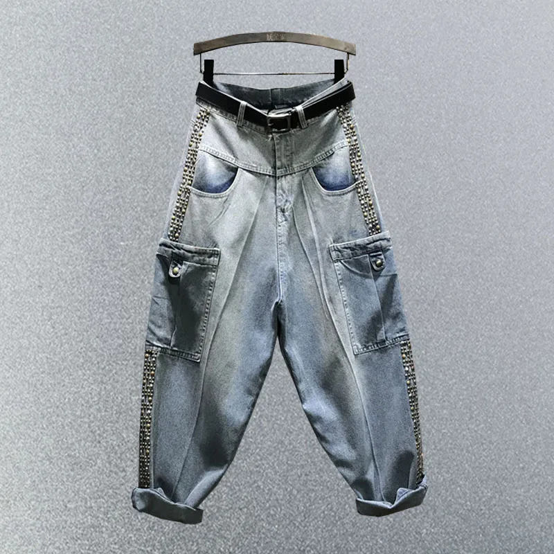 

Джинсы женские свободного кроя, большие размеры, в стиле Харадзюку, с пайетками, с высокой талией, на пуговицах, весна 2026