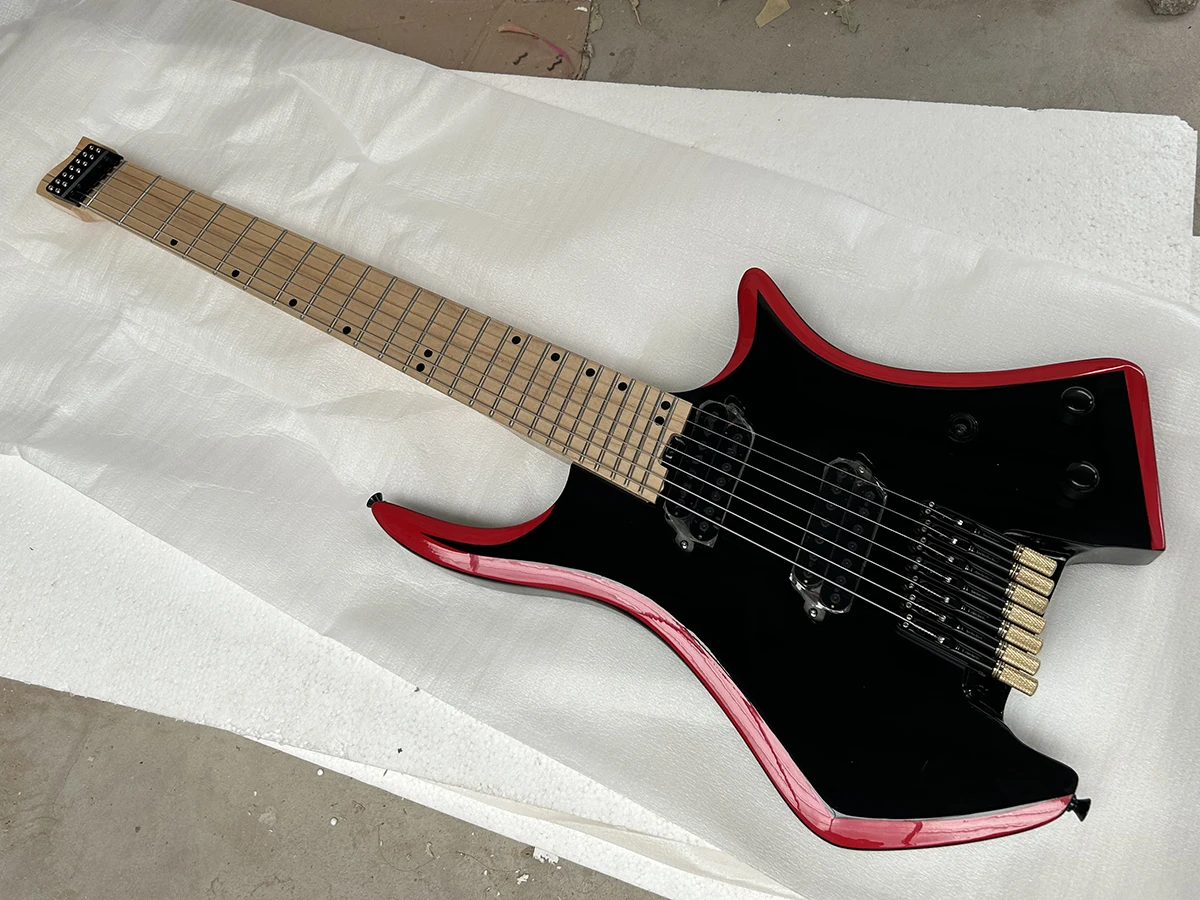 Factory Headless Fanned Frets Black 7 Strings Electric Guitar Maple Fretboard Maple Neck Customizable