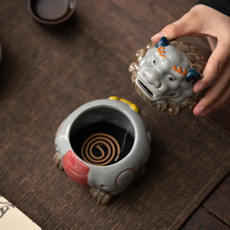 Ancient Suanni Divine Beast , Pottery Clay Burner, Creative Incense Holder, Hand-painted Colorful
