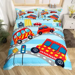 Cartoon Car Duvet Cover Transport Vehicle Motorcycle Toy Automobile Bedding Set Traffic Track Comforter Cover for Boys Teens