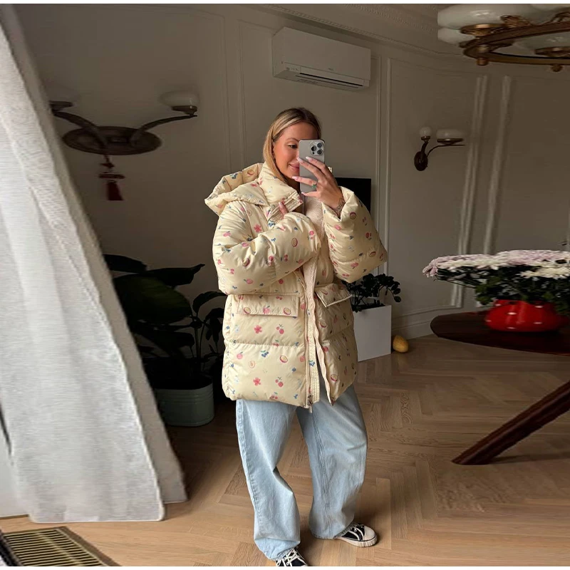 Unique Hooded Women's Winter Jacket Elegant Printed Thicken Pockets Full Sleeve Female Cotton Coat 2025 New Woman Coats Outwears