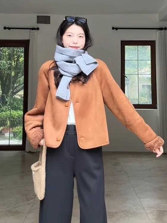 

Thiened теплый замшевый джет женский свободный крой на подкладке в стиле ретро осень-зима модное универсальное студенческое пальто Fem