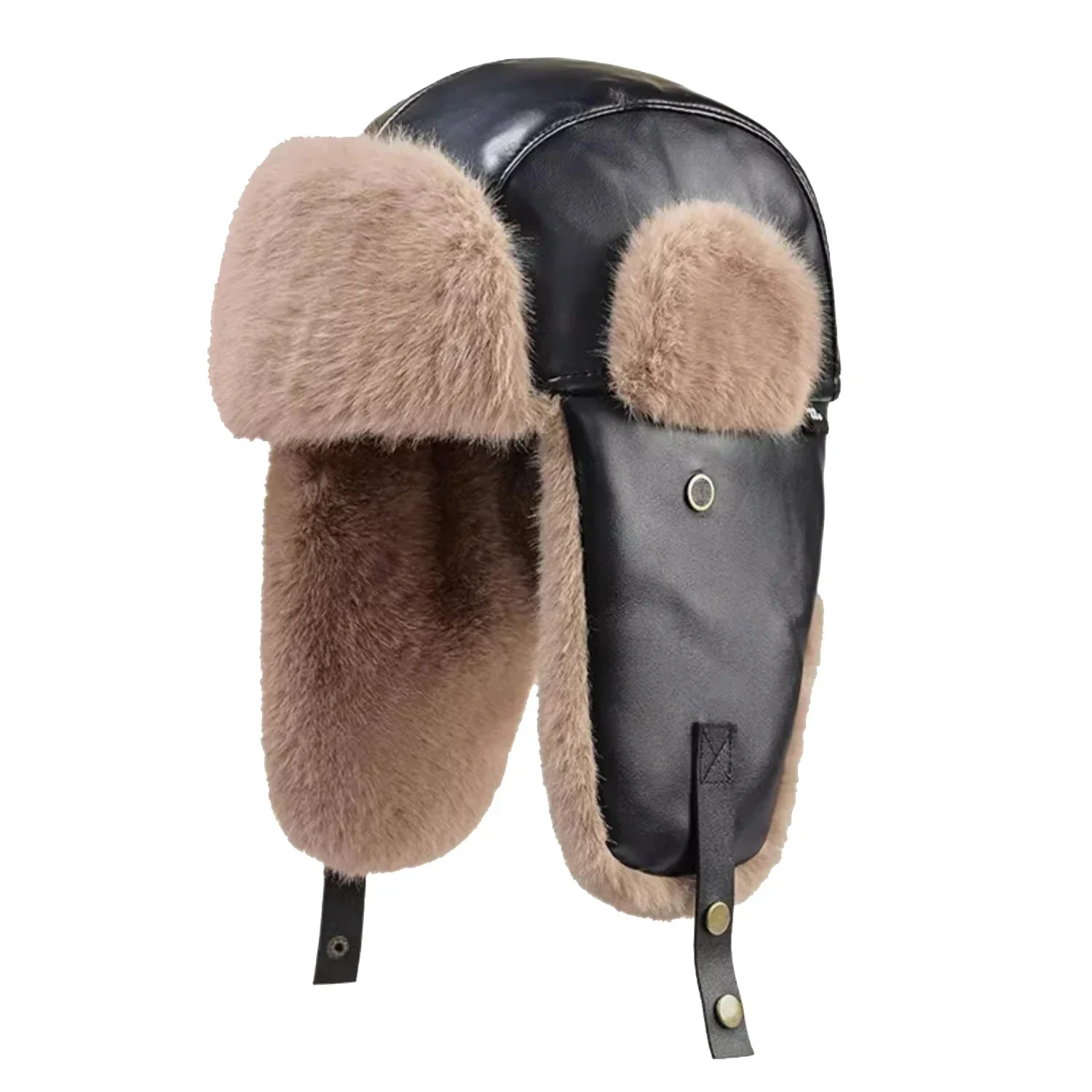 

Faux Leather Aviator Earflap Hat for Men Women Winter Thick Bomber Trapper Hat Fur Plush Ski Cap Outdoor Russian Style Ushanka