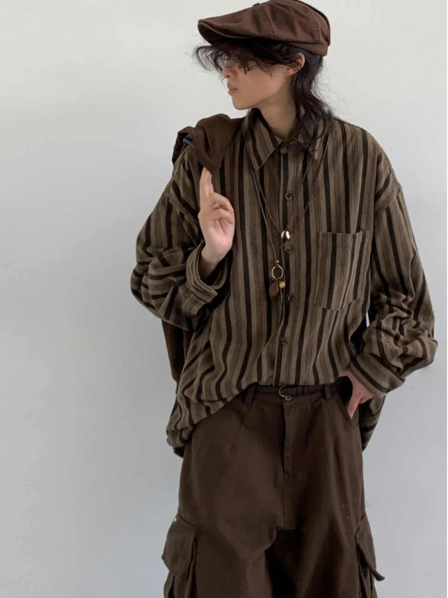

Spring Japanese Sle Vintage Square Collar Long Sve Casual irt Men's Loose Fit Stripe Pattern Faion Outerwear Coat