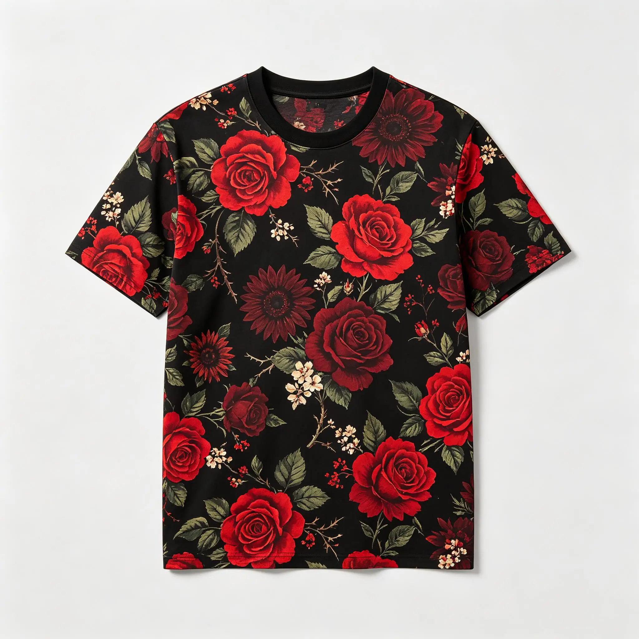 Vintage Dark Floral Pattern Mens Tee Black Red Rose Wildflower Leaf Full Print Street Wear