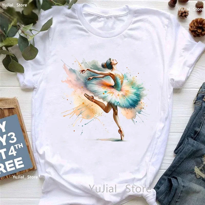 Watercolor Ballet Dancer Printed T Shirt Girls Summer Fashion Tops Tee Shirt Femme Harajuku Kawaii Clothes T-Shirt Women