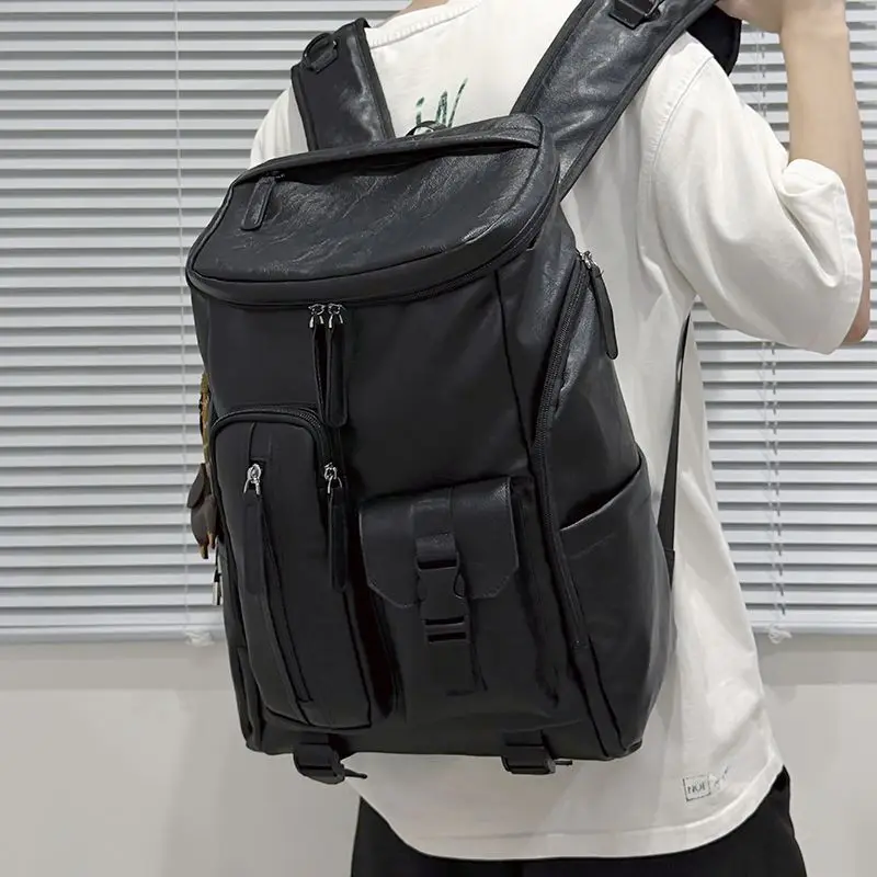 Coffee Vintage PU Leather Flap Backpack, Buckle Closure Large Capacity Laptop Rucksack For Men Business Commute Short Trip Trave