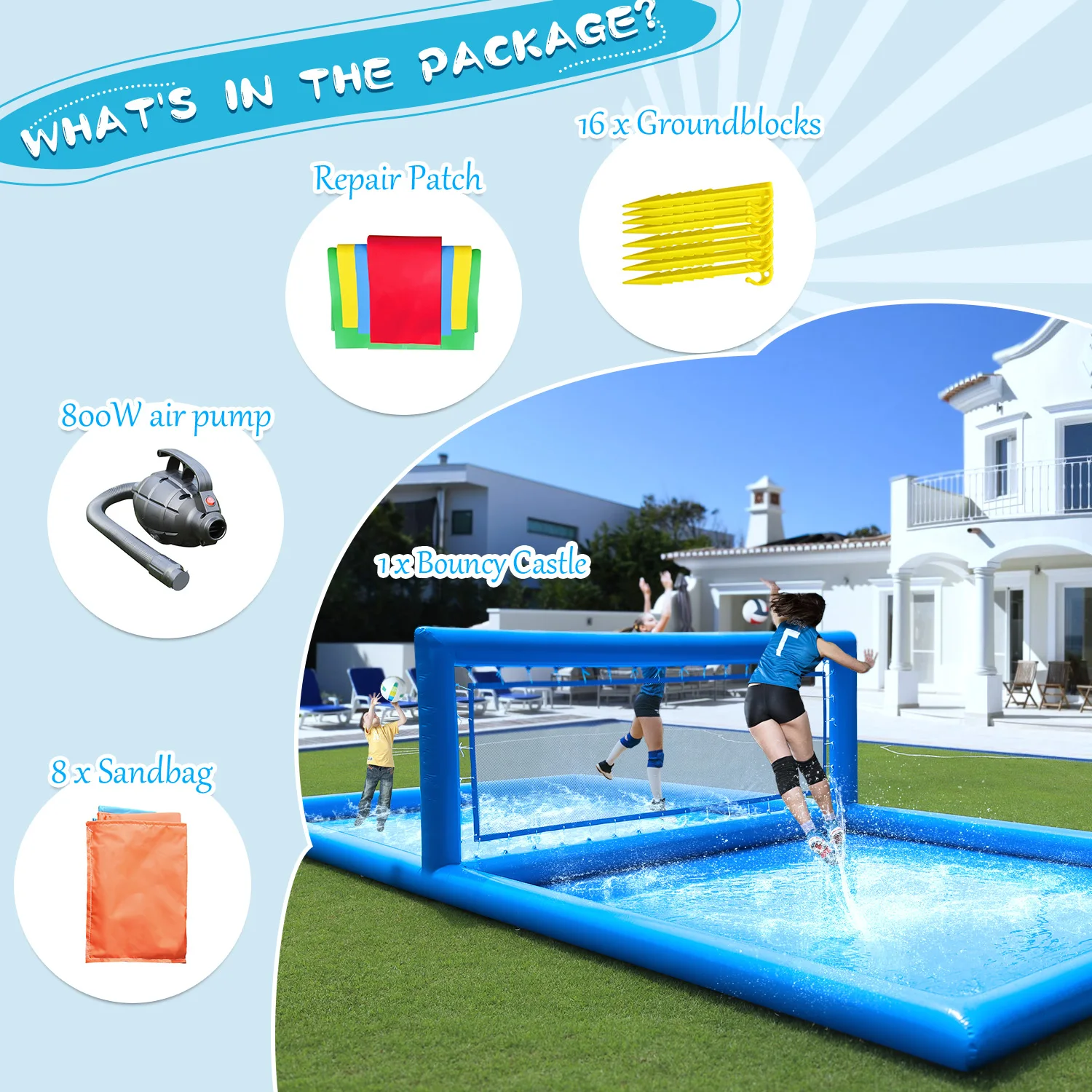 Piscina da pallavolo gonfiabile per esterni con campo da pallavolo da 33 piedi per giochi sportivi Parco giochi per bambini commerciali