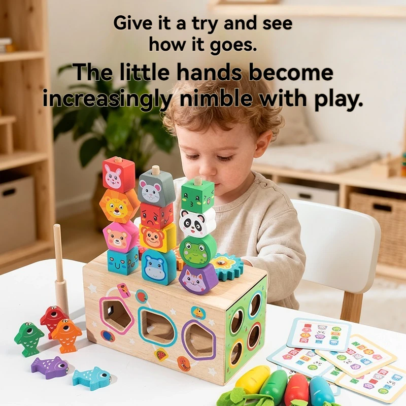 Wooden Shape Matching Puzzle Toy for Toddlers, Montessori Stacking Blocks with Fruit & Animal Recognition,