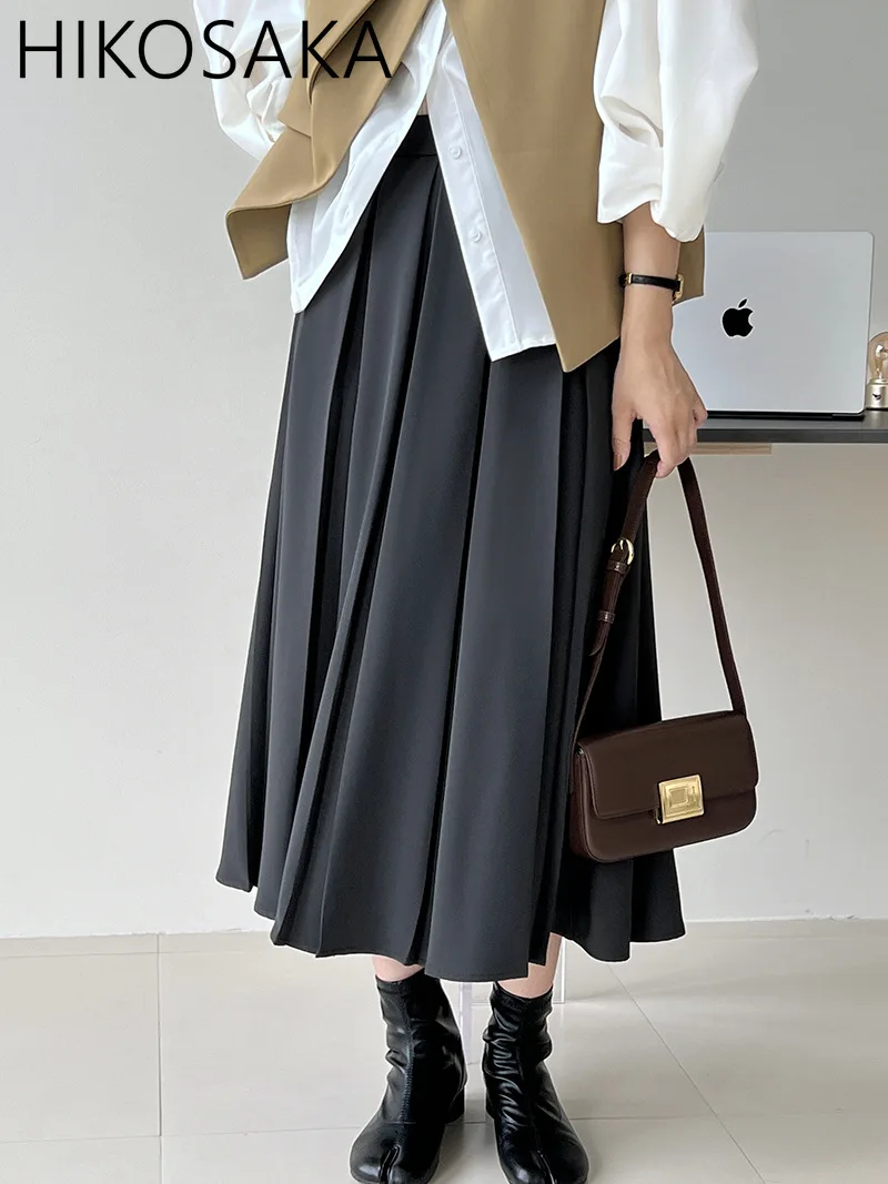 

Solid All-match Pleated Skirts High Wasit A-line Midi Length Jupe Female 2024 Autumn Iwnter New Casual Fashion Faldas Mujer