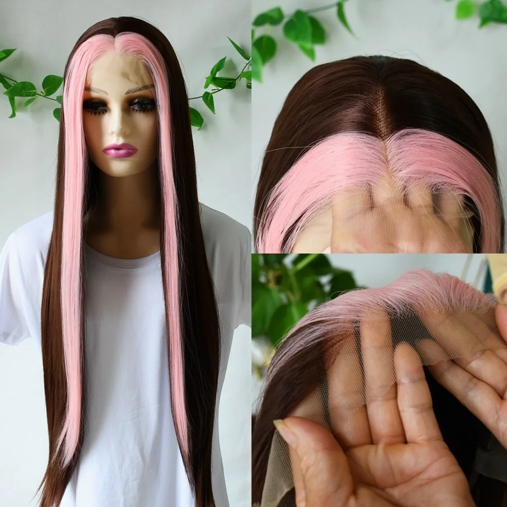 

Long Straight Lace Natural Soft Brown And Pink Highlights Streaks Wigs Synthetic Lace Front Wig Pre Plucked Cosplay Daily Wear
