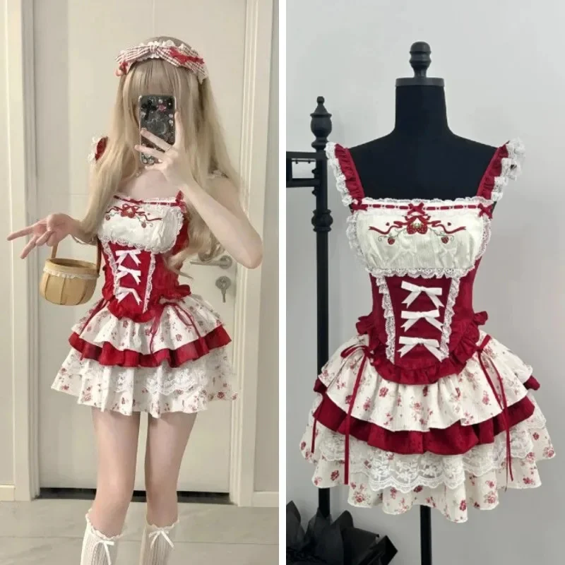 

French-style Heavy Vintage Lolita Two-piece Set With Patchwork Lace Square-neck Top High-waisted Bow Puff Skirt Sweet Clothing