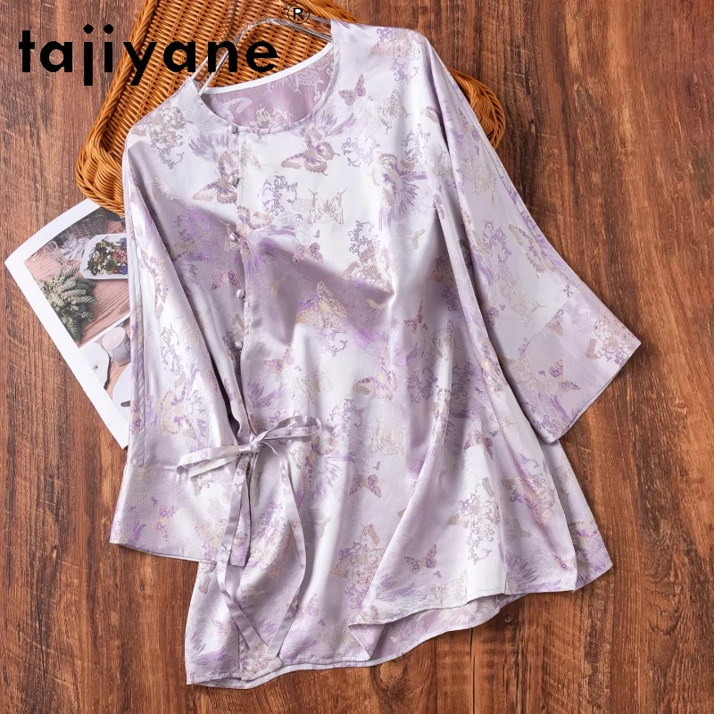 

TAJIYANE 100% mulberry silk Blouse Jacquard Satin Purple Shirt Women Real Silk Loose Spring Tops Woman Clothes 2026 Рубашка