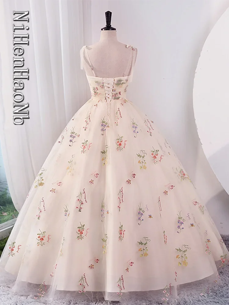 Gaun panjang bordir Floral Gaun malam Prom gaun pesta Suspender elegan musim panas 2023 gaun Princess Host Formal